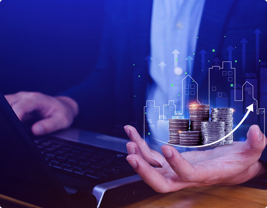 Hand holding holographic financial elements